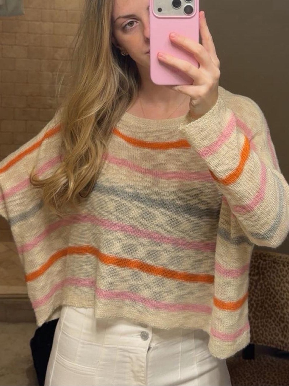 The Impeccable Pig Cream Knit Sweater with Pink and Orange Stripes